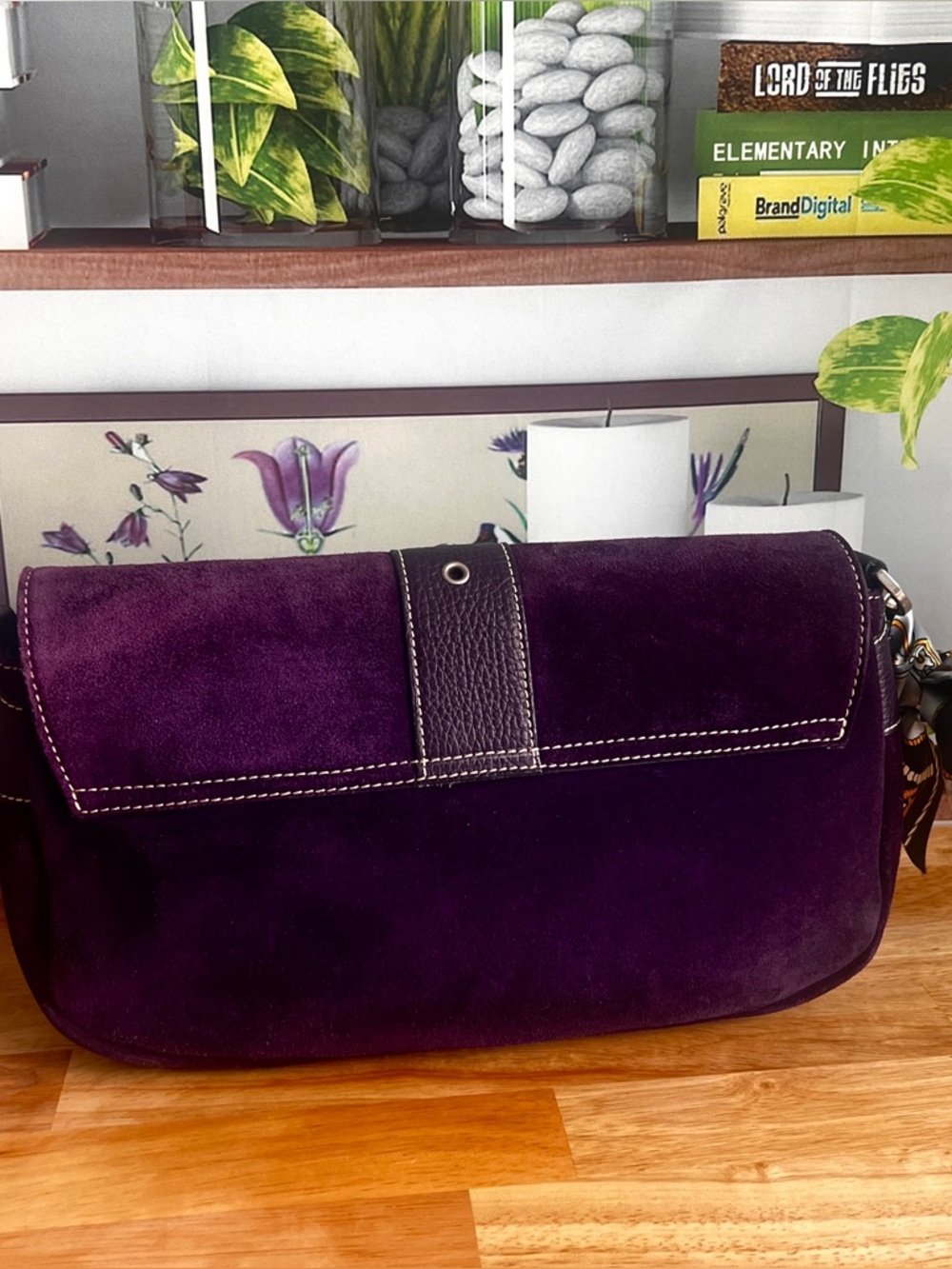 Vintage Purple Genuine Suede Leather Shoulder Bag Made In Italy - Picture 7 of 16